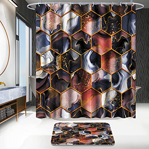 Poedist 4 Pcs Bathroom Shower Curtain Set,Purple Honeycomb Marble Bathroom Sets with Rugs(Bath Mat,U Shape and Toilet Lid Cover Mat) and 12 Durable Hooks - color: Brown