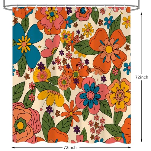 Retro Boho Floral Shower Curtain, Funky Hippy Cute Flowers Colorful Shower Curtains for Bathroom Decor, Waterproof Fabric Bath Curtain 72x72 Inch with 12 Hooks - color: Colorful, size: 72"W x 72"L (Pack of 1)