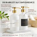 Glass Soap Dispenser Set of 2 (White) with Silicone Tray | Hand and Dish Soap Dispenser for Kitchen and Bathroom | 16.8 Oz Glass Bottles with Stainless Steel Pump & 15 Waterproof Labels (White/Gold) - color: White/Gold