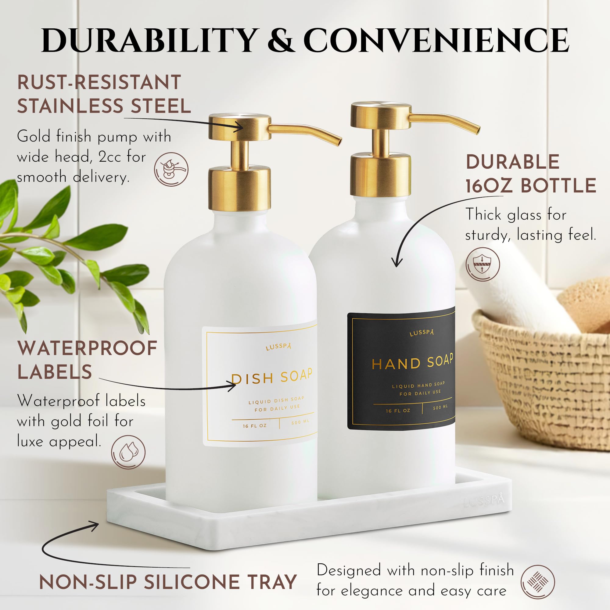 Glass Soap Dispenser Set of 2 (White) with Silicone Tray | Hand and Dish Soap Dispenser for Kitchen and Bathroom | 16.8 Oz Glass Bottles with Stainless Steel Pump & 15 Waterproof Labels (White/Gold) - color: White/Gold