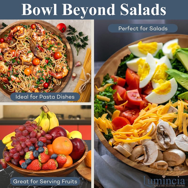 Premium Acacia Wood Salad Bowl Set – 12.5” Large Wooden Serving Bowl with Servers & Base Plate, 5-Piece Set