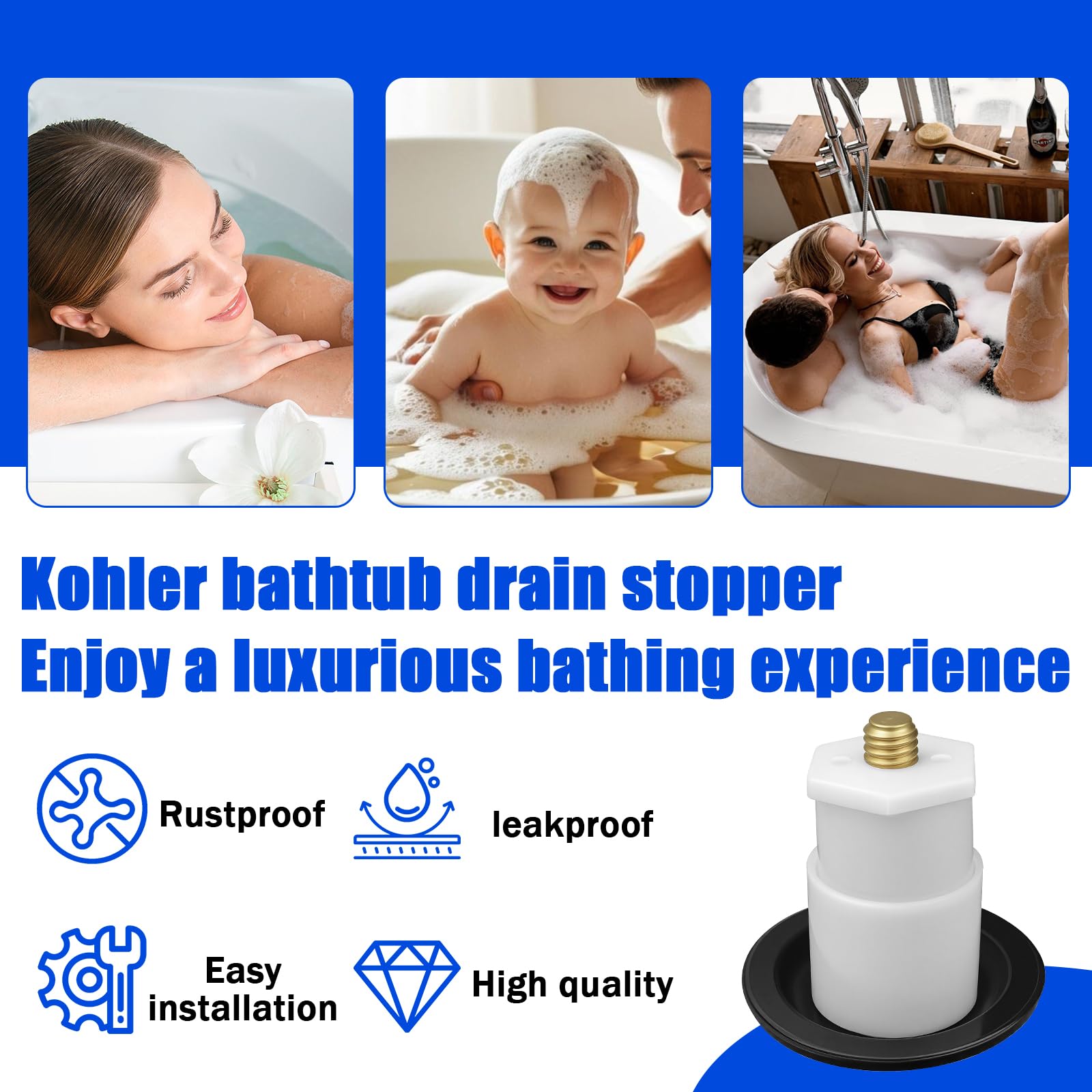 1068204 Pop Up Bathtub Drain Stopper, for Kohler K-7272 K-7271 K-7259 K-7265 Bath Drain - Easy Install Bathtub Stopper Replacement Part