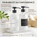 Glass Soap Dispenser Set of 2 (White) with Silicone Tray | Hand and Dish Soap Dispenser for Kitchen and Bathroom | 16.8 Oz Glass Bottles with Stainless Steel Pump & 15 Waterproof Labels (White/Black) - color: White/Black