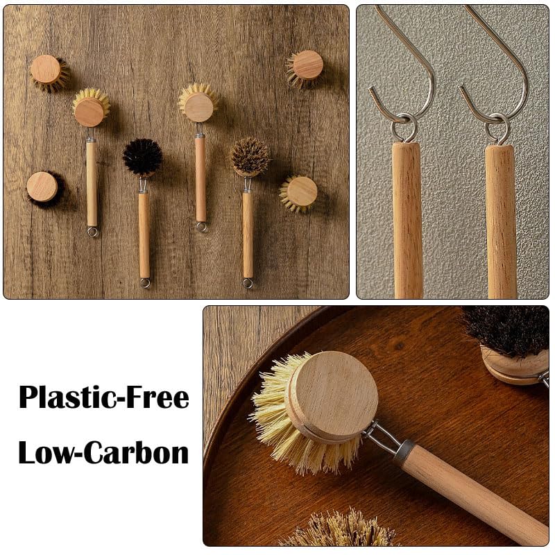 Bamboo Dish Brush with Handle, 1 Sturdy Wooden Handle with 3 Natural Bristle Heads, Horsehair, Sisal, Palm - All Purpose Kitchen Scrubber, Bamboo Wok Brush, Fruit and Veggie Scrubber