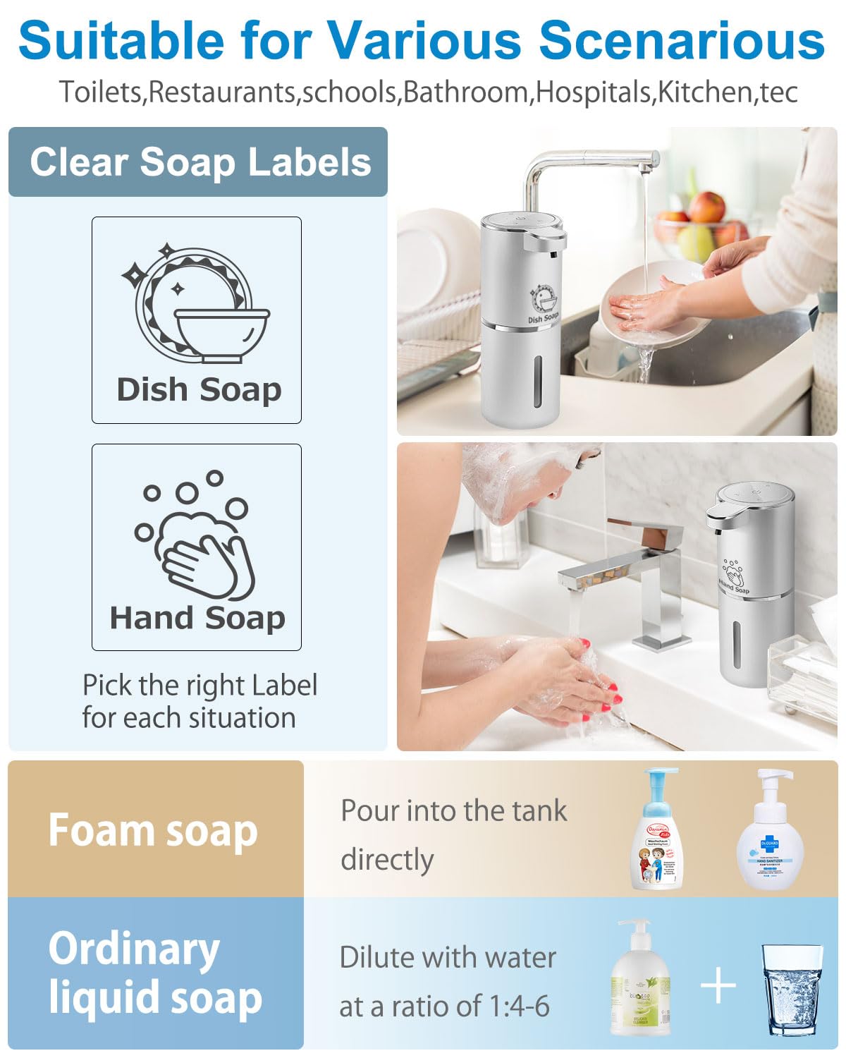 Automatic Foaming Soap Dispenser,4-Level Adjustable Foam, Wall Mount, USB Rechargeable,12.8oz/ 380ml,Touchless Hand & Dish Soap Dispenser for Bathroom, Kitchen,Hotel, Restaurant - color: Silvery