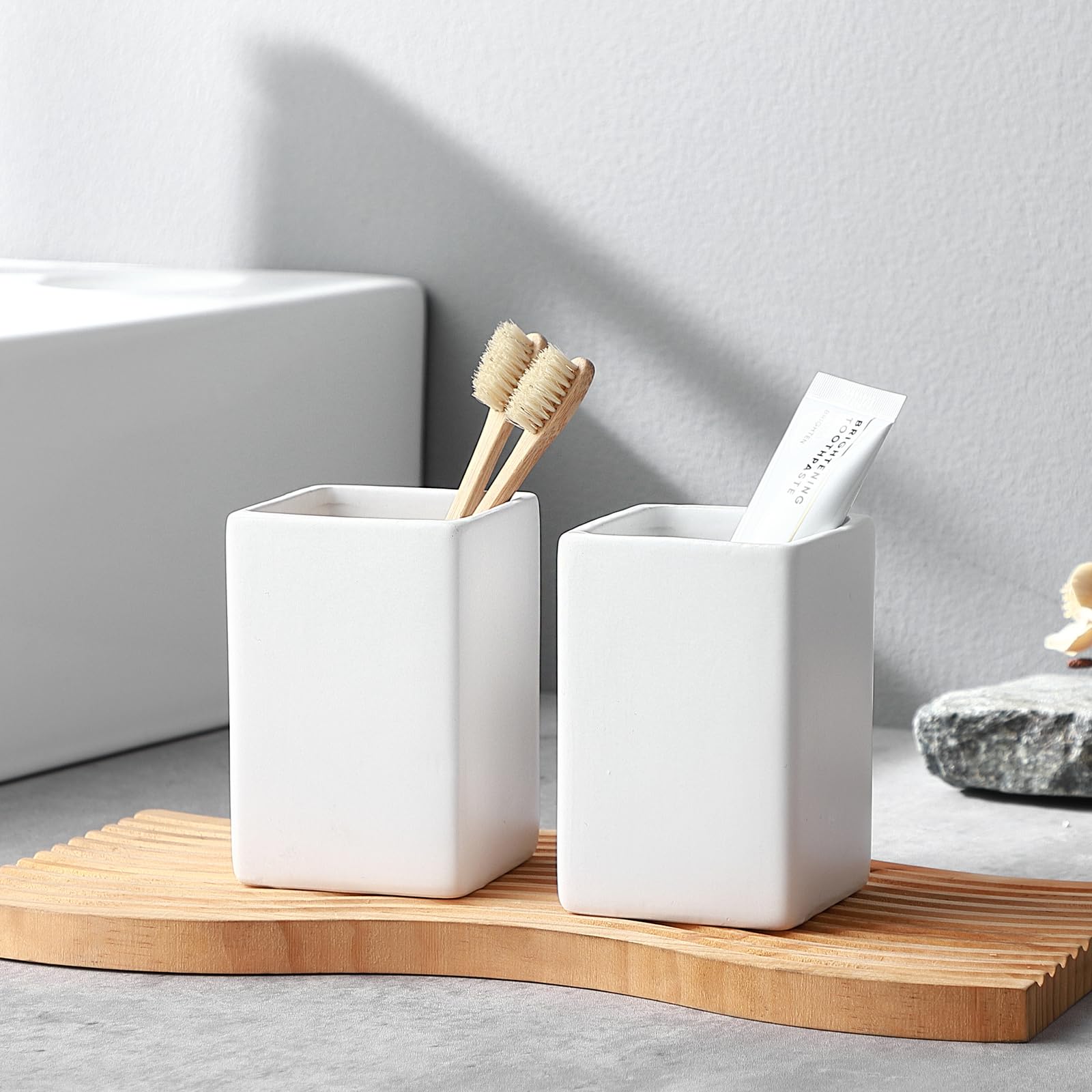 Toothbrush Holders for Bathrooms - 2 Cups Ceramic Square Toothbrush Toothpaste Holders Set, White Square Bathroom Tumbler Cups Reusable Toothbrush Mouthwash Cup, Bathroom Counter Organizer. - color: White, size: 2pcs