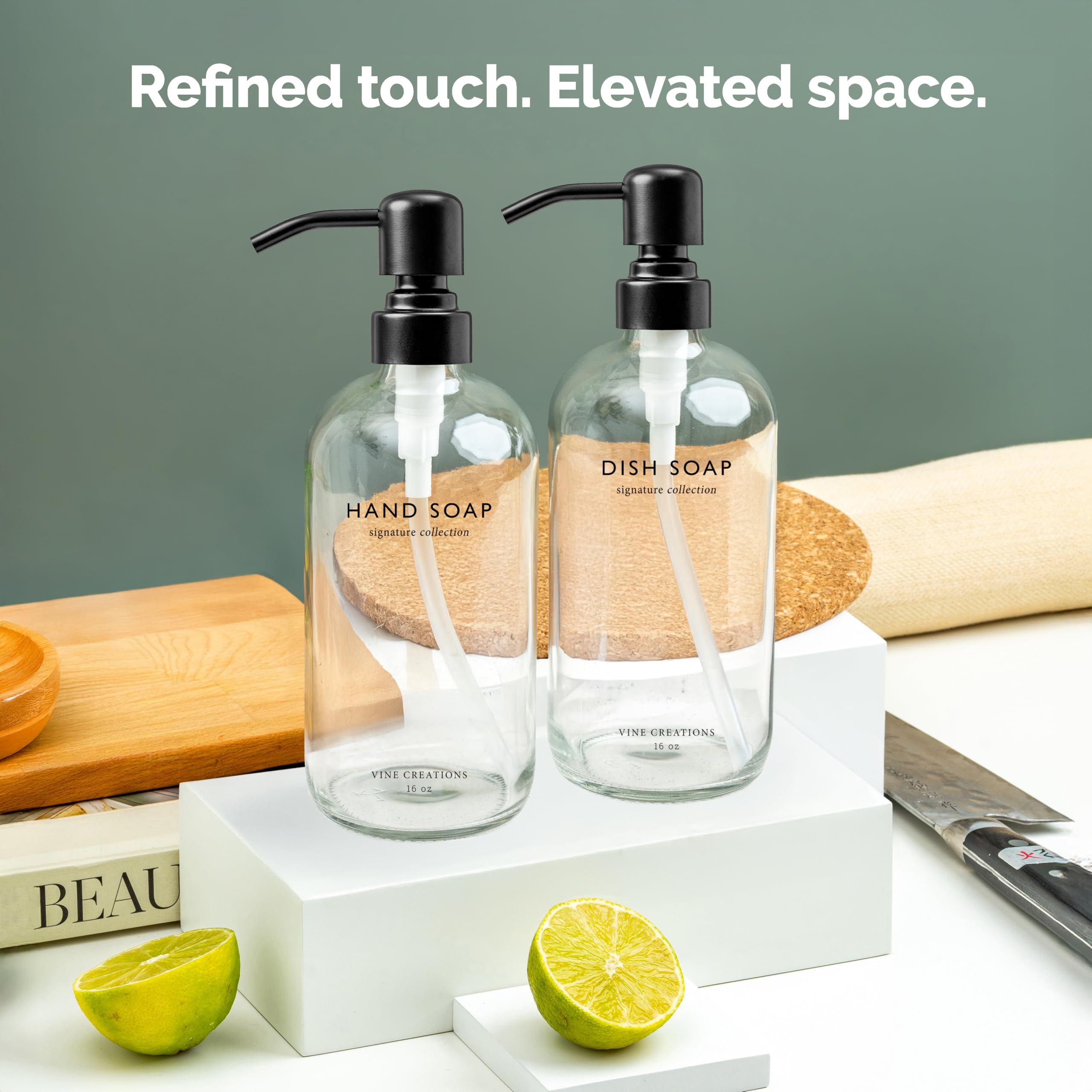 Vine Creations Clear Glass Soap Dispenser Set, Dish Soap and Hand Soap Dispenser Set with Stainless Steel Pump, 16 oz Glass Dispensers for Kitchen Bathroom Decor (Clear Bottle/Matte Black Pump) - color: Clear Bottle / Matte Black Pump