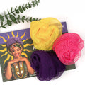 Bathway African Net Sponge Authentic 3 Pieces with Storage Bag, African Exfoliating Net Sponge Washcloth, Exfoliating Body Scrubber Bath Sponge Bathing Accessories (Rose, Purple, Bright Yellow) - color: Rose & Purple & Bright Yellow