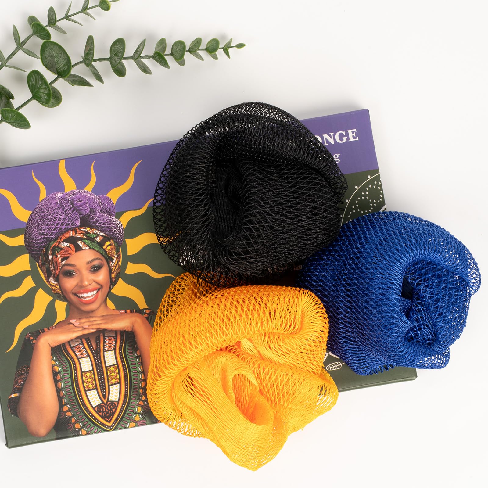 Bathway African Net Sponge Authentic 3 Pieces with Storage Bag, African Exfoliating Net Sponge Washcloth, Exfoliating Body Scrubber Bath Sponge Bathing Accessories (Blue & Black & Golden) - color: Blue & Black & Golden