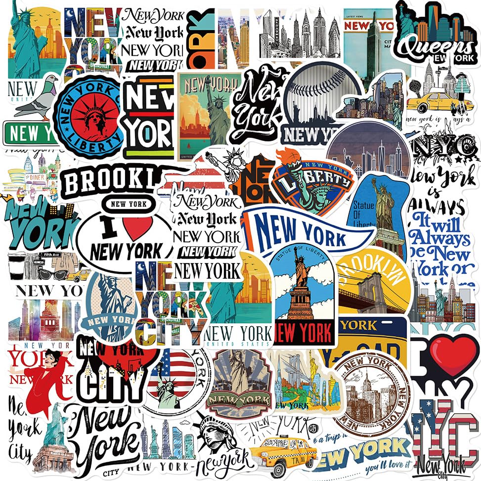 50 Pcs New York Stickers Set New York City Travel Stickers Vinyl Waterproof Stickers for Water Bottles Laptops Bike Car Motorcycle Skateboard - style: New York