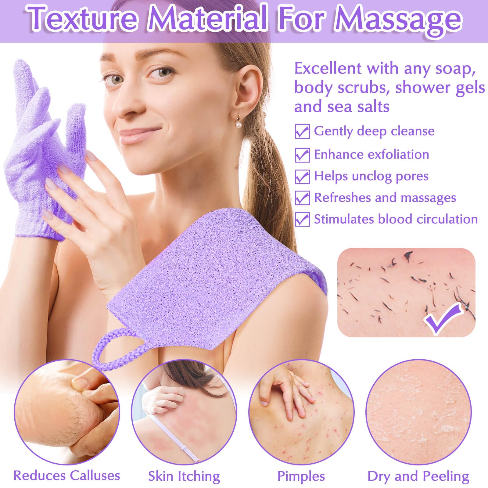 Anezus Exfoliating Back Scrubber Bath Gloves Set, Exfoliating Shower Towel with Shower Gloves for Body Scrub, Back Cleaner Wash Gloves to Remove Dead Skin (Purple) - color: Purple