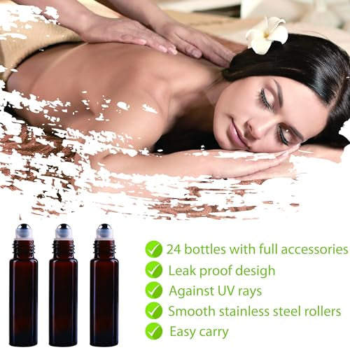 inice 24 Pack Roller Bottles for Essential Oils, Amber Galss 10ml Roll On Bottle with Stainless Steel Roller Balls and Metal Caps - color: 24 PACK Amber Roller Bottles