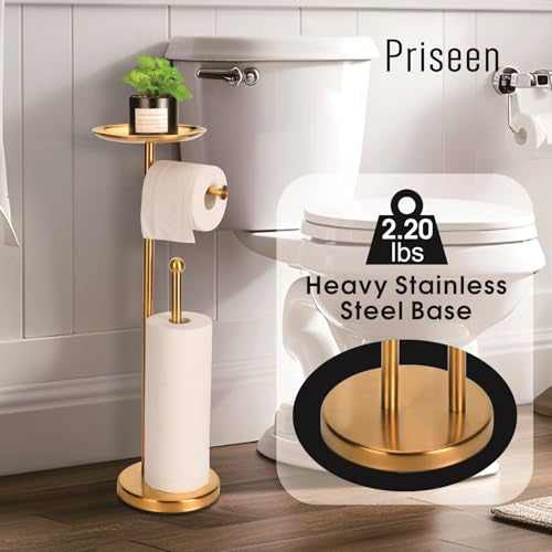 Toilet Paper Holder Stand with Phone Shelf, Gold TP Holder Freestanding, Holds 5 Rolls, Stainless Steel (Gold) - color: Gold